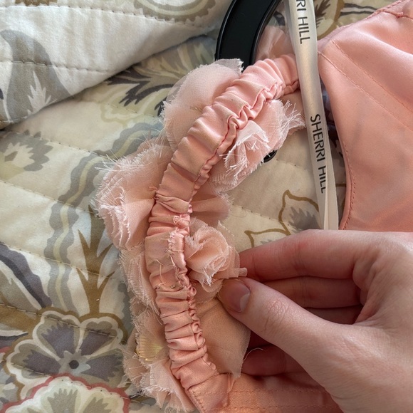 Sherri Hill Pink Off-Shoulder Floral Applique Prom Gown - Picture 6 of 8